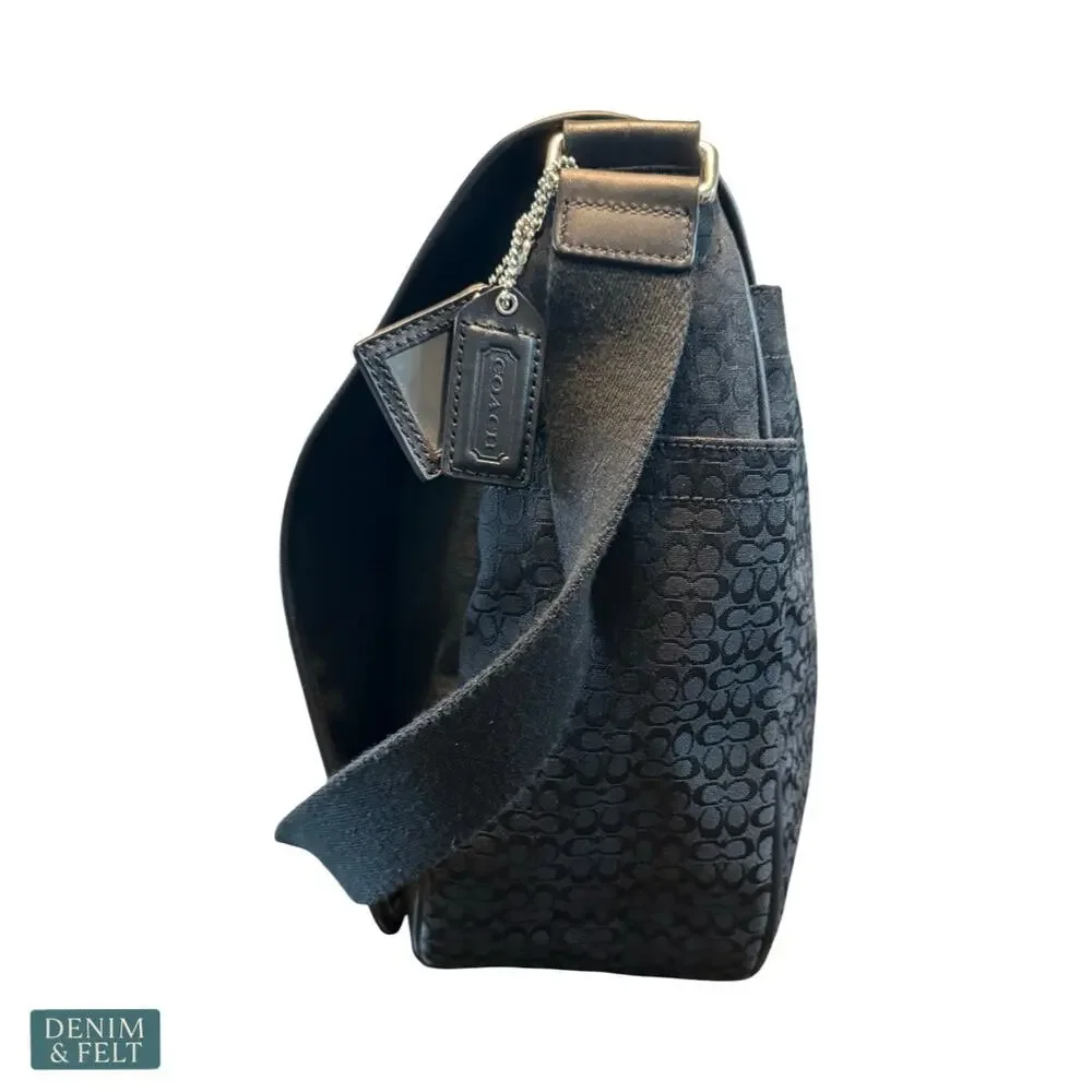 Coach Signature Hudson Messenger Laptop Bag Black‎ Canvas Leather Trim Briefcase